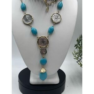 Chico's Isabella Long Necklace Faux Turquoise & Coins Lariat "Y" Style